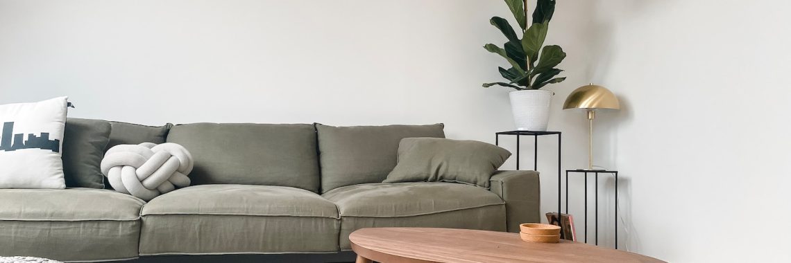 gray 2 seat sofa near brown wooden coffee table